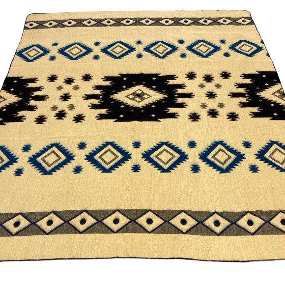Twin Alpaca Blend Blanket Handcrafted Blue & Cream Tribal Ecuador Double Sided - Picture 1 of 6